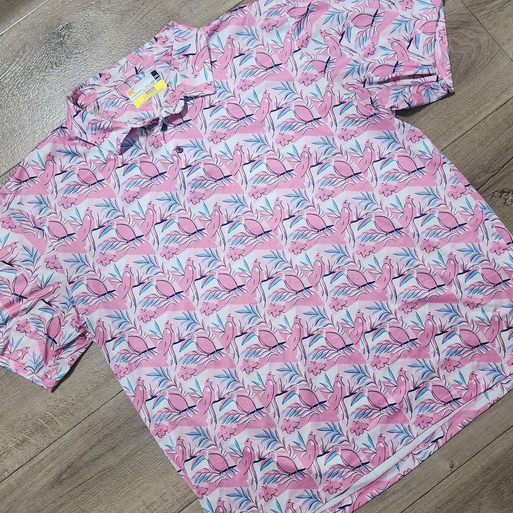 Nicklaus XXL Pink Tropical Bird Floral Eco Choice Performance Golf Polo Shirt‎